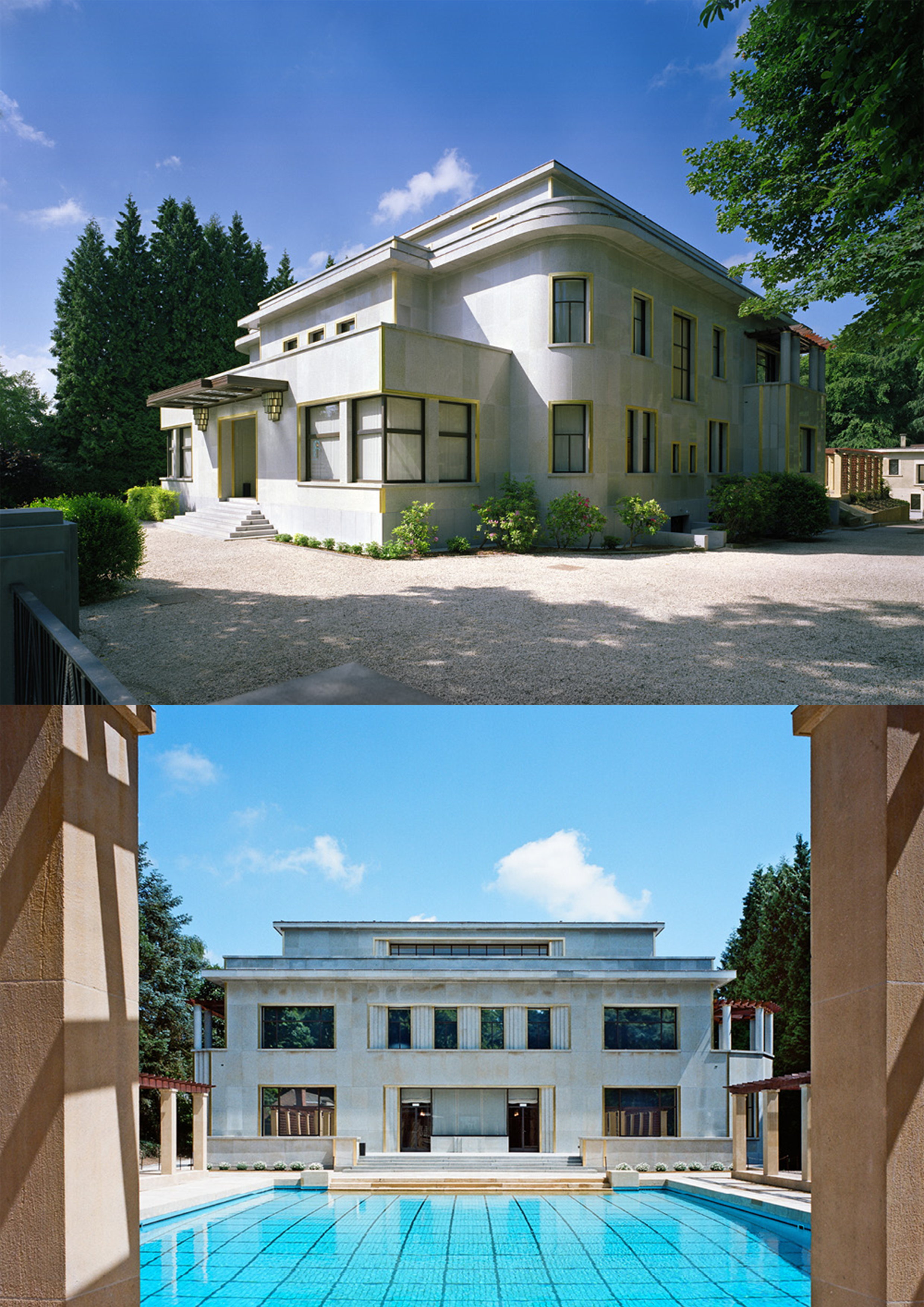 Deux vues de la Villa Empain : la façade et la piscine.